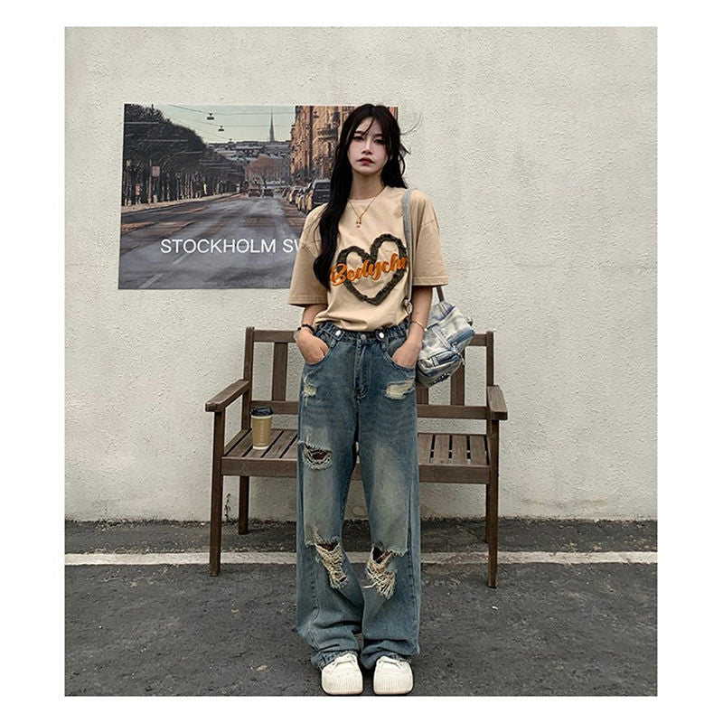 High-waisted Wide-Leg Ripped Jeans