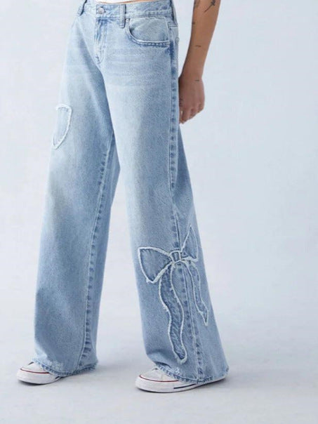 Embroidered High Waist Straight Leg Jeans