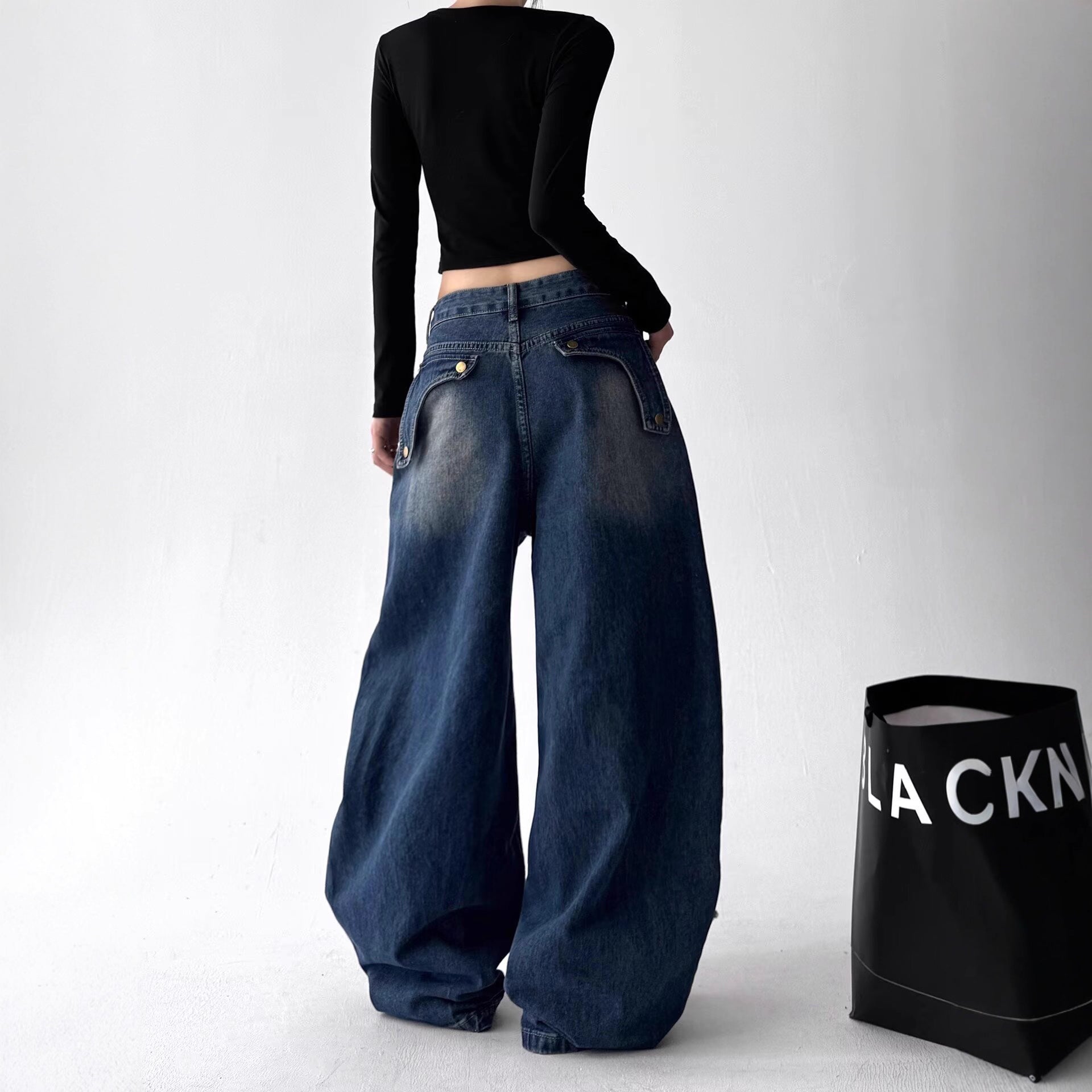 Hip-hop street wash-stained wide-leg jeans