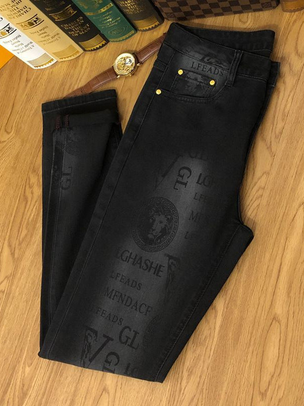Men's Lion Print Slim-Fit Jeans