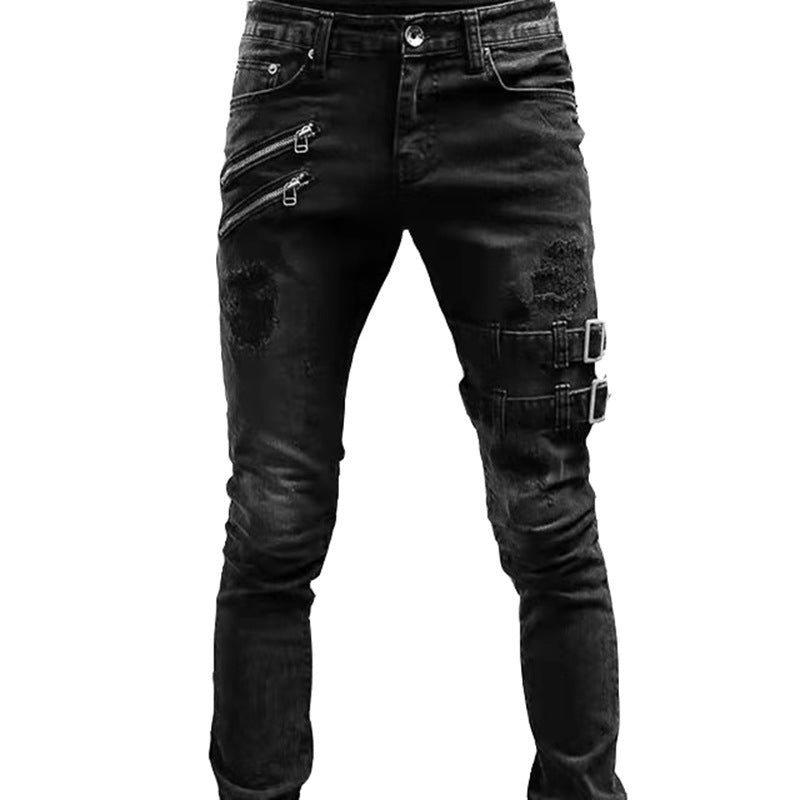Slim-Fit Frayed Hole Motorcycle jeans