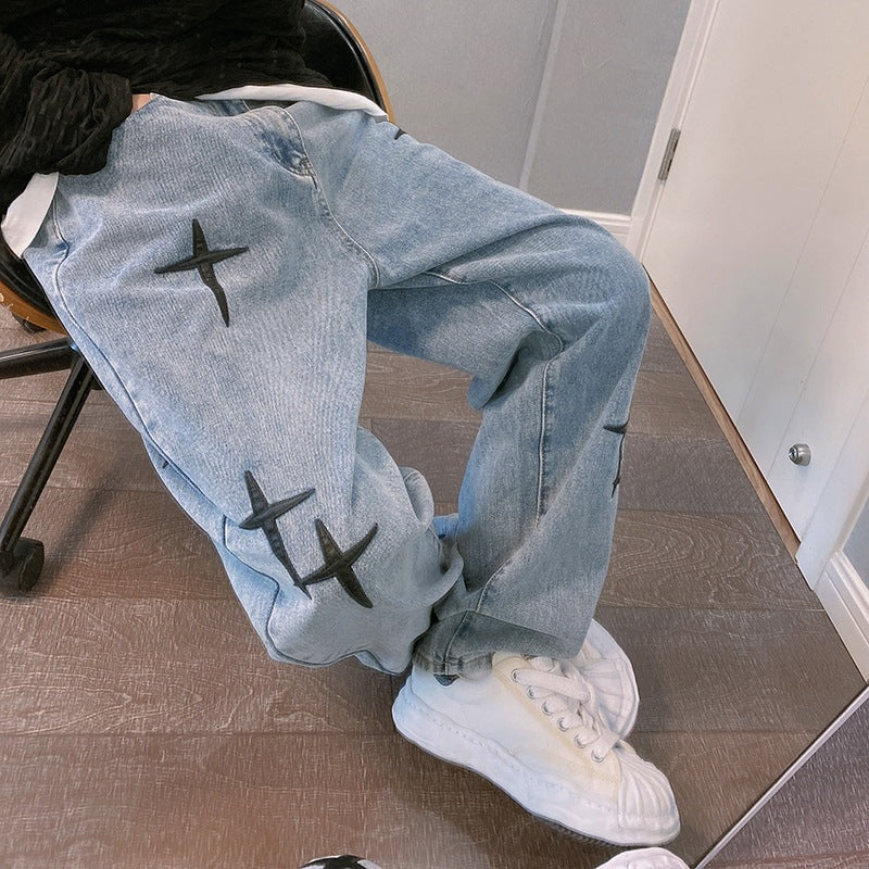 Retro cross patchwork blue denim pants