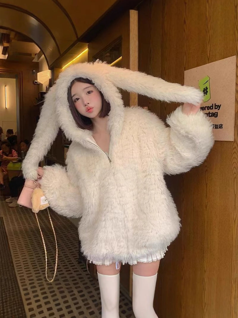 Cute Rabbit Ears Hooded Sweater Women's Winter Loose Cardigan