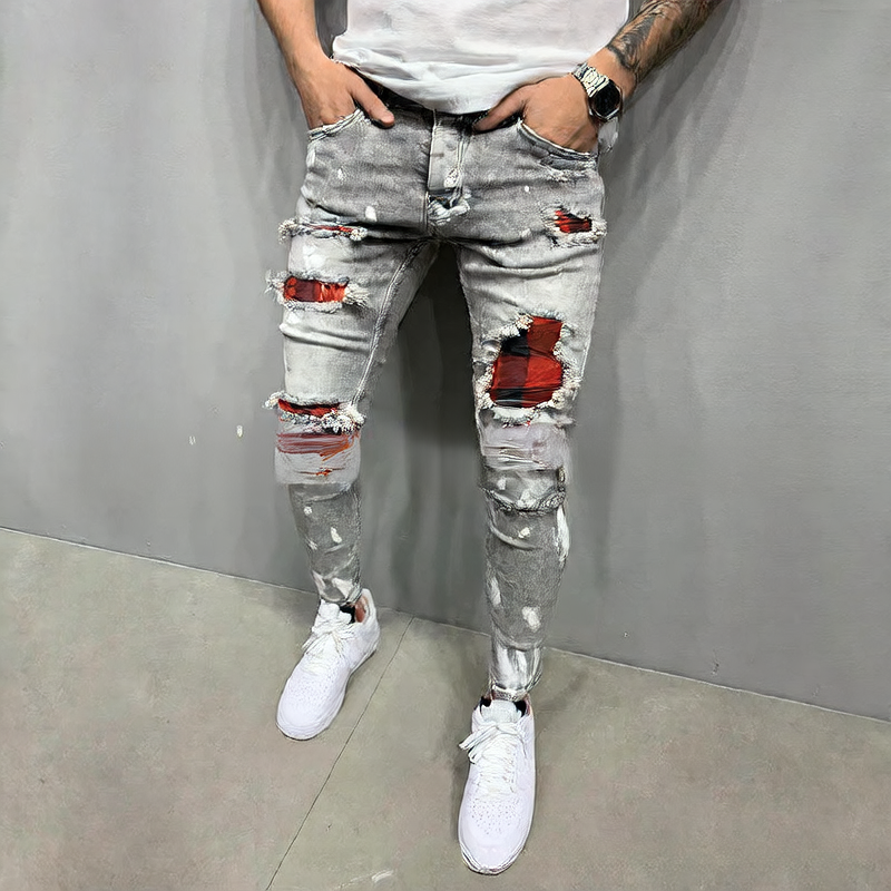 Stretch Ripped Patch Slim Fit Jeans