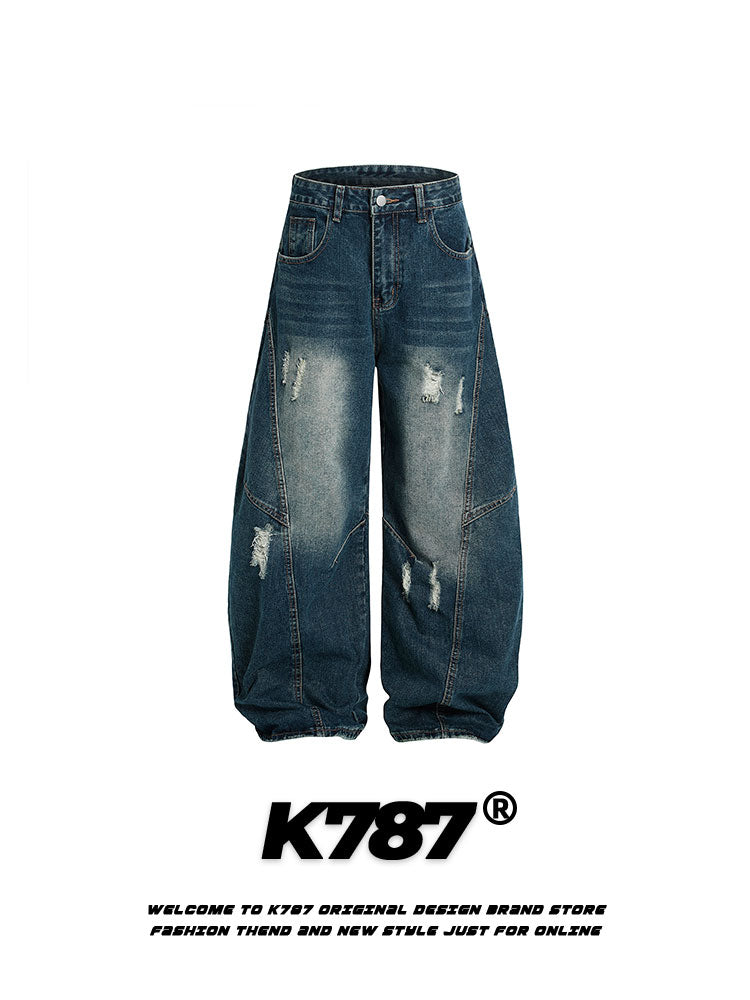 American Retro Ripped Wide-Leg Denim Pants
