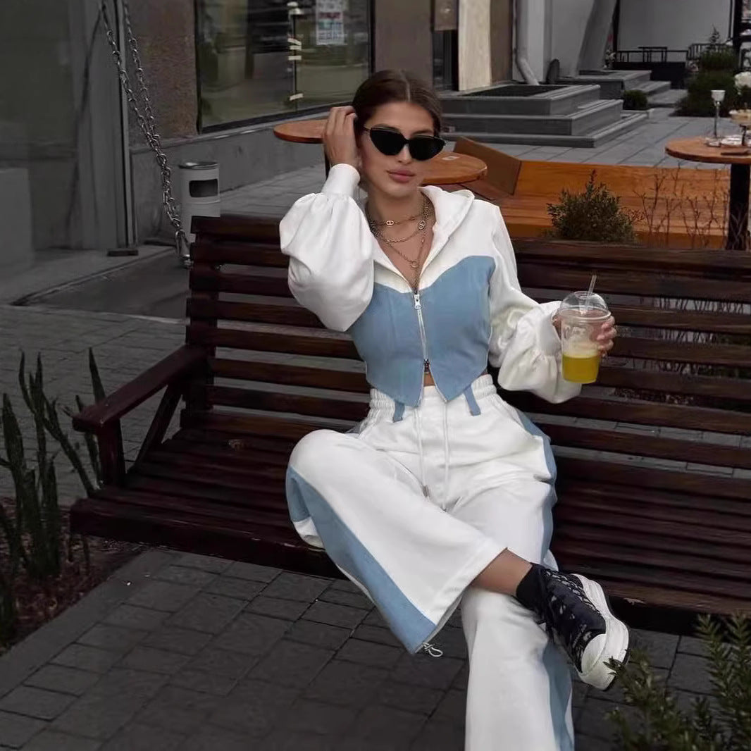 Casual Denim Stitching Hooded Sweater Suit with High Waist Trousers