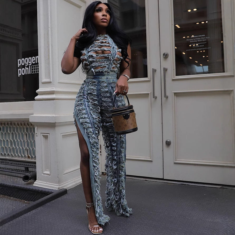 Jeans skirt set with high-waist slit jeans