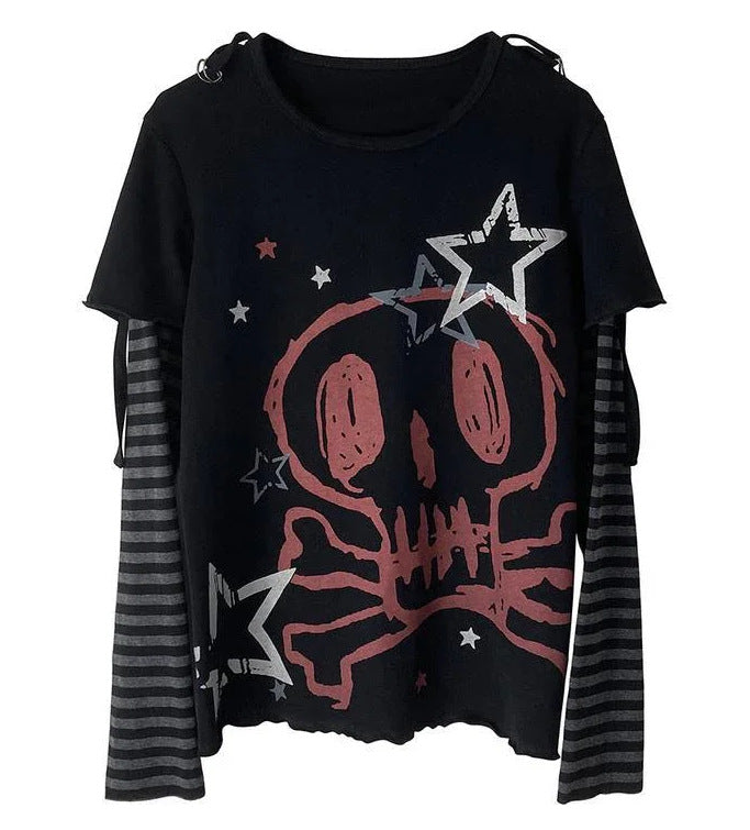 Punk Print Long Sleeve Fake Two Piece T-shirt