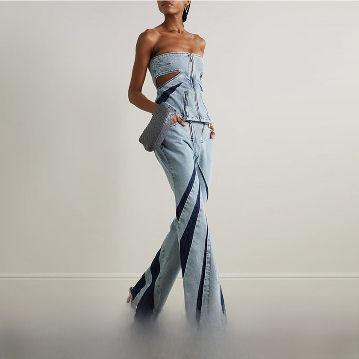 Stitching Tube Top Stretch Washed Jeans