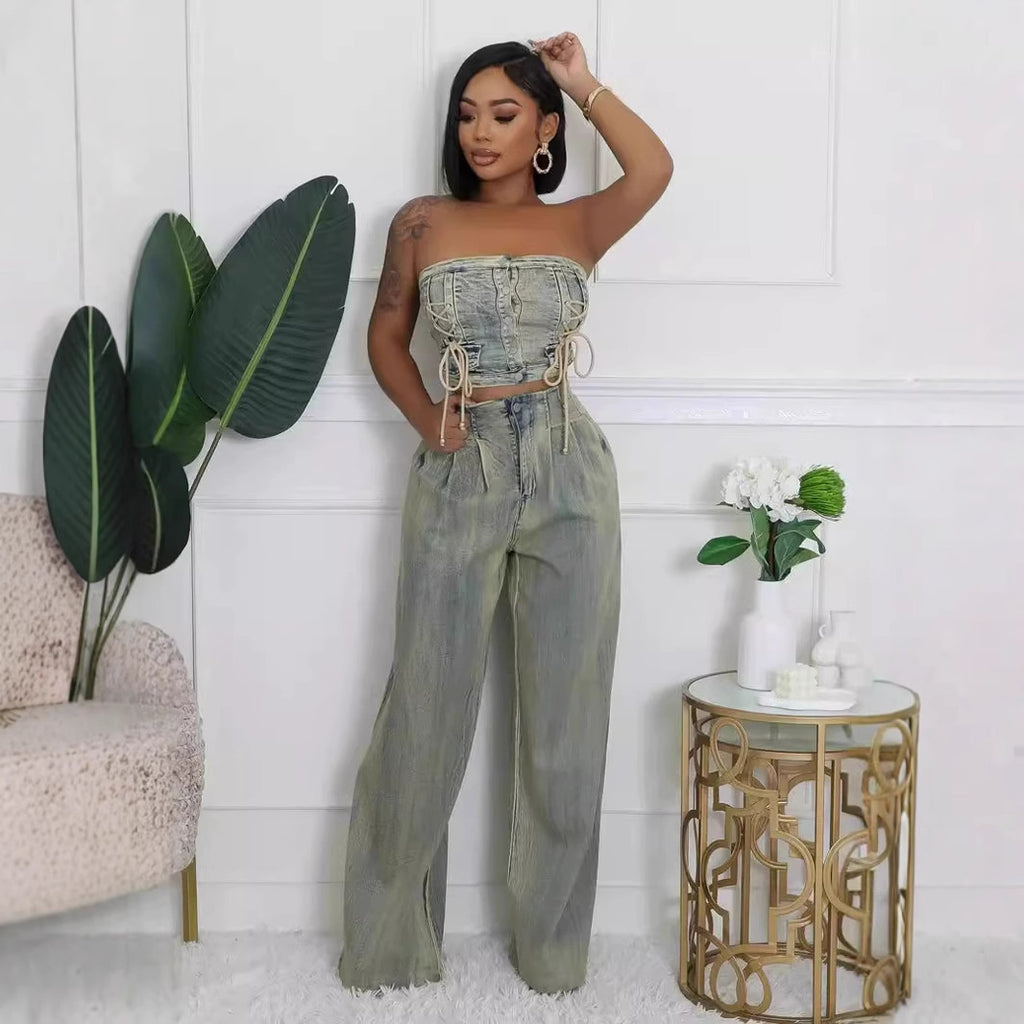 Women's Strapless Vest and Distressed Jeans Set