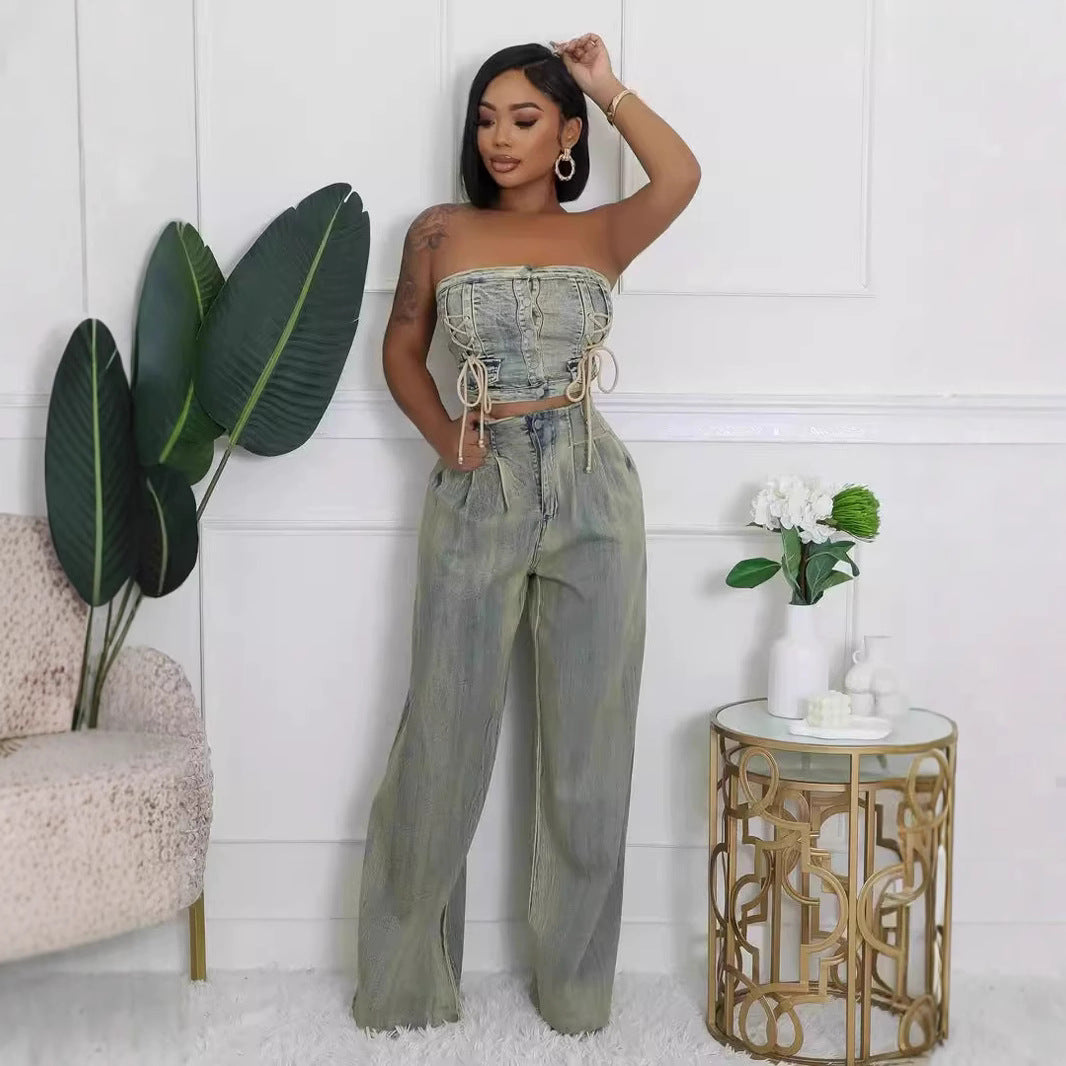 Women's Strapless Vest and Distressed Jeans Set