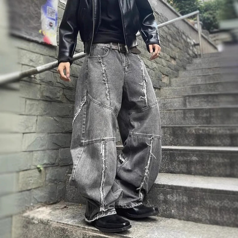 American Retro Washed Distressed Jeans Loose Straight Pants