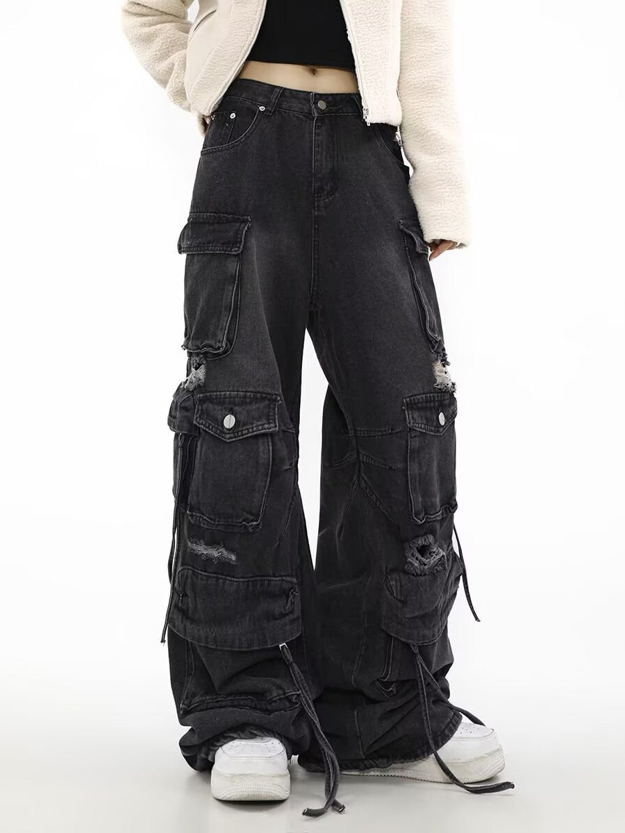 Men's Loose Straight Ripped Jeans with Multiple Pockets