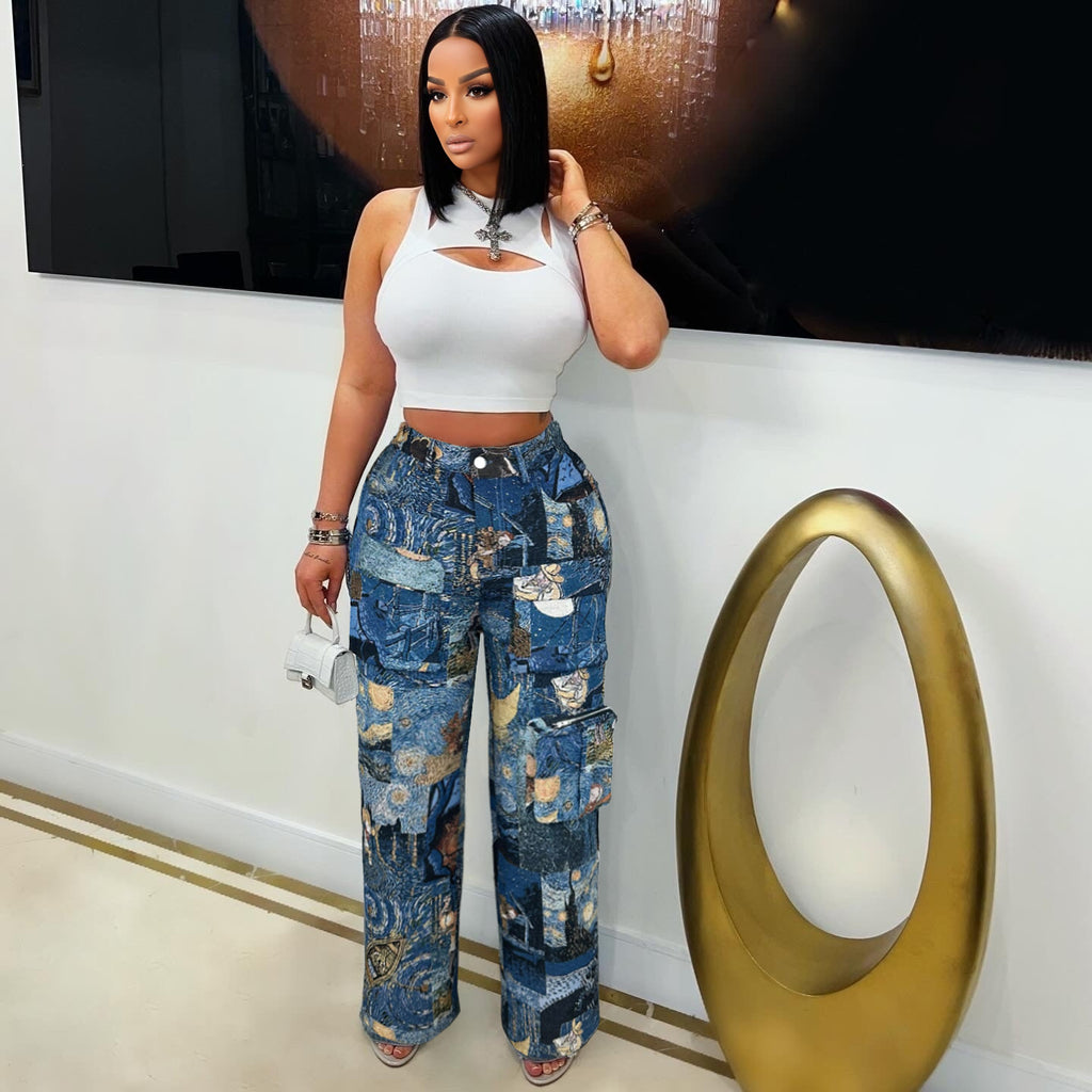 Trend Jacquard Vintage Multi-Pocket Crane Pants