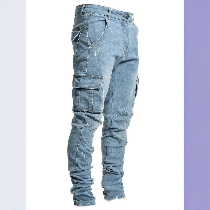 Men's Slim-fit Denim Pants with Multiple Pockets