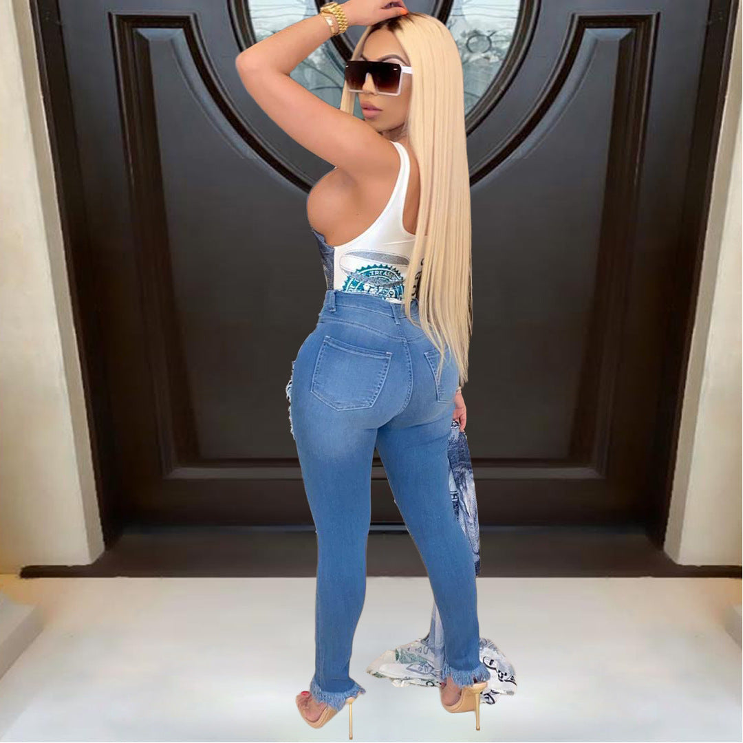 Women's Washed Ripped Elastic Tassel Jeans