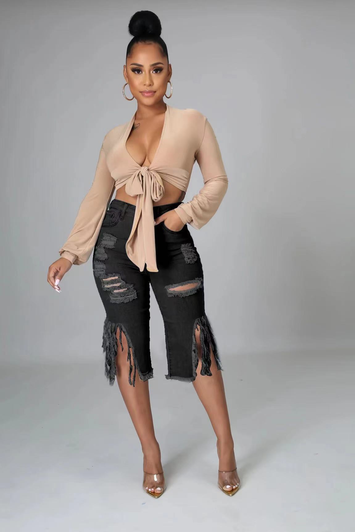 Stretch Fringe Ripped Denim Pants