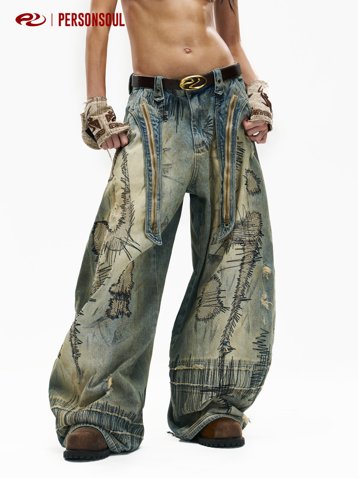 Baggy Wide-leg patchwork Embroidery Jeans