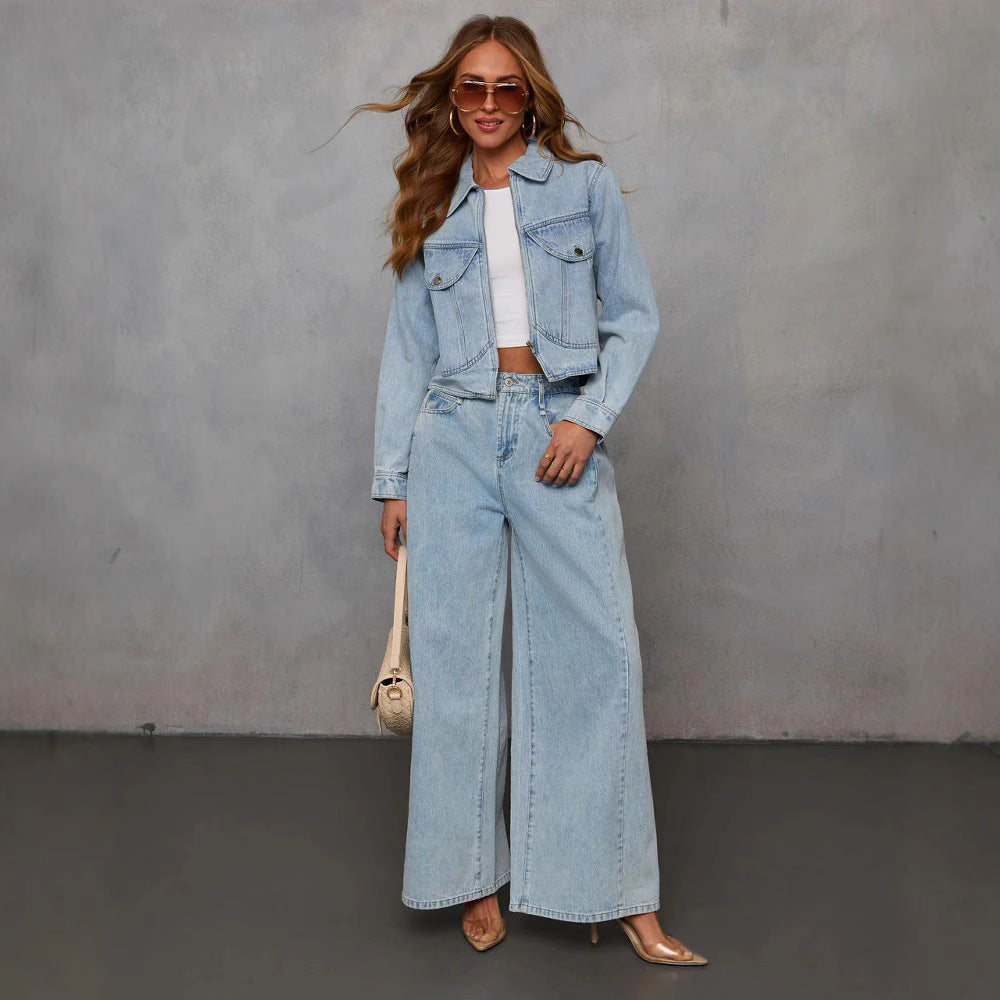 Loose-fitting women's denim jacket and pants set
