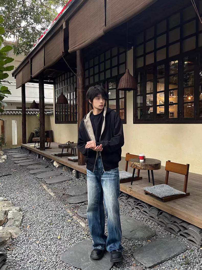 Men's Washed Distressed Straight Leg Slightly Flared Jeans