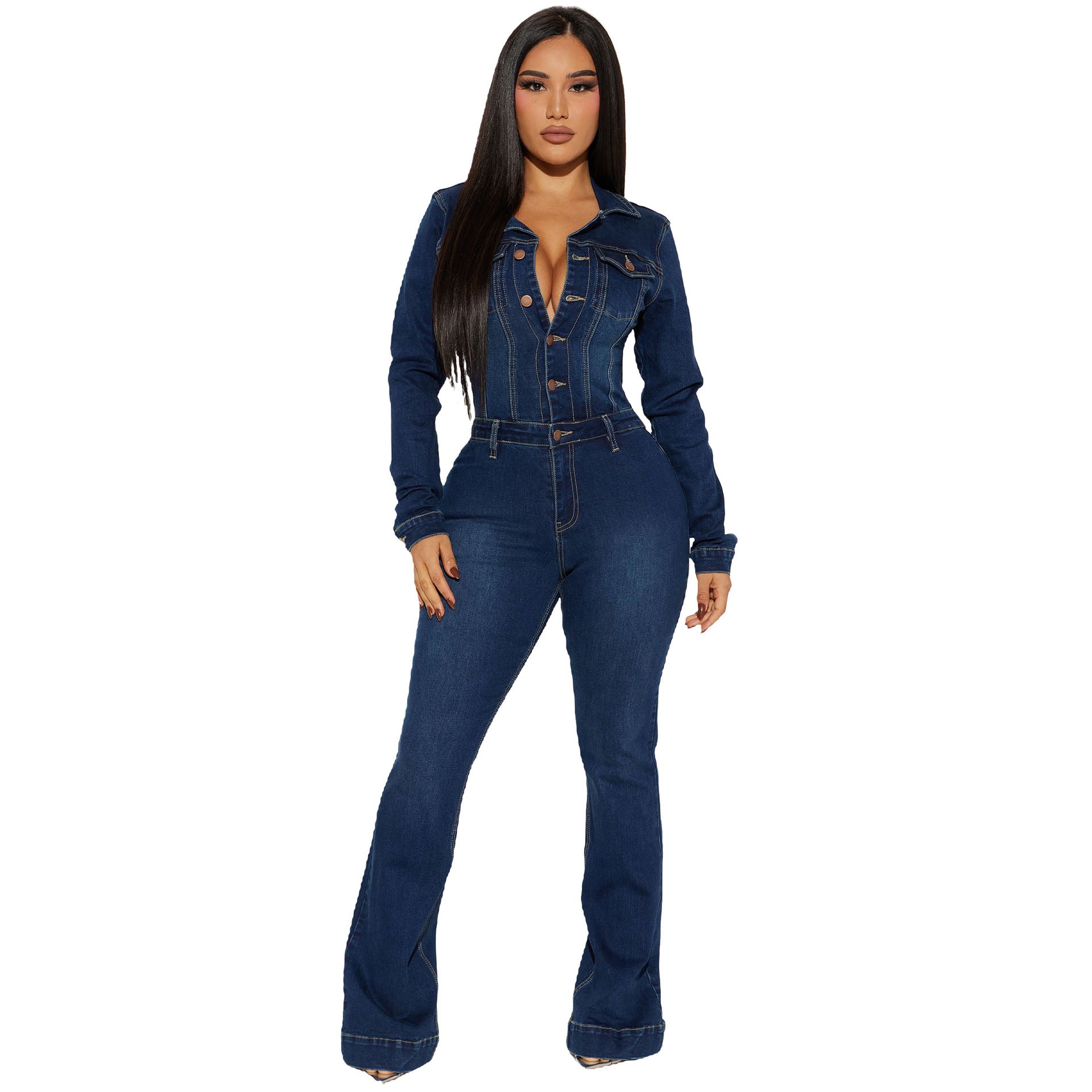 Denim Jumpsuit with Long Sleeves and High Elasticity