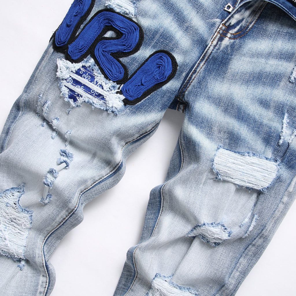 Amiri Blue Embroidered Distressed Patchwork Slim-Fit Jeans