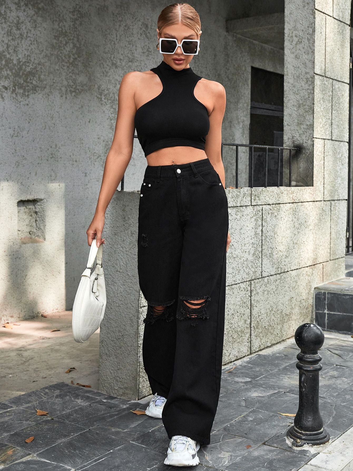 Fashion Ripped High Waist Wide Leg Casual Jeans