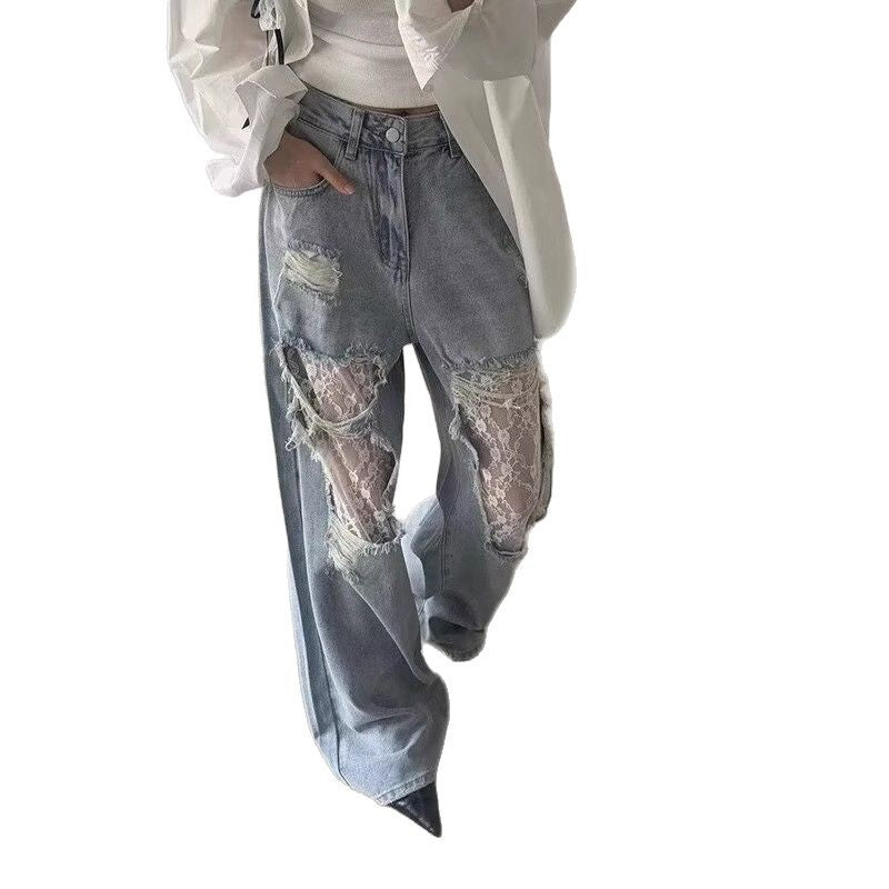 Retro Lace Stitched Wide-leg Women's Jeans