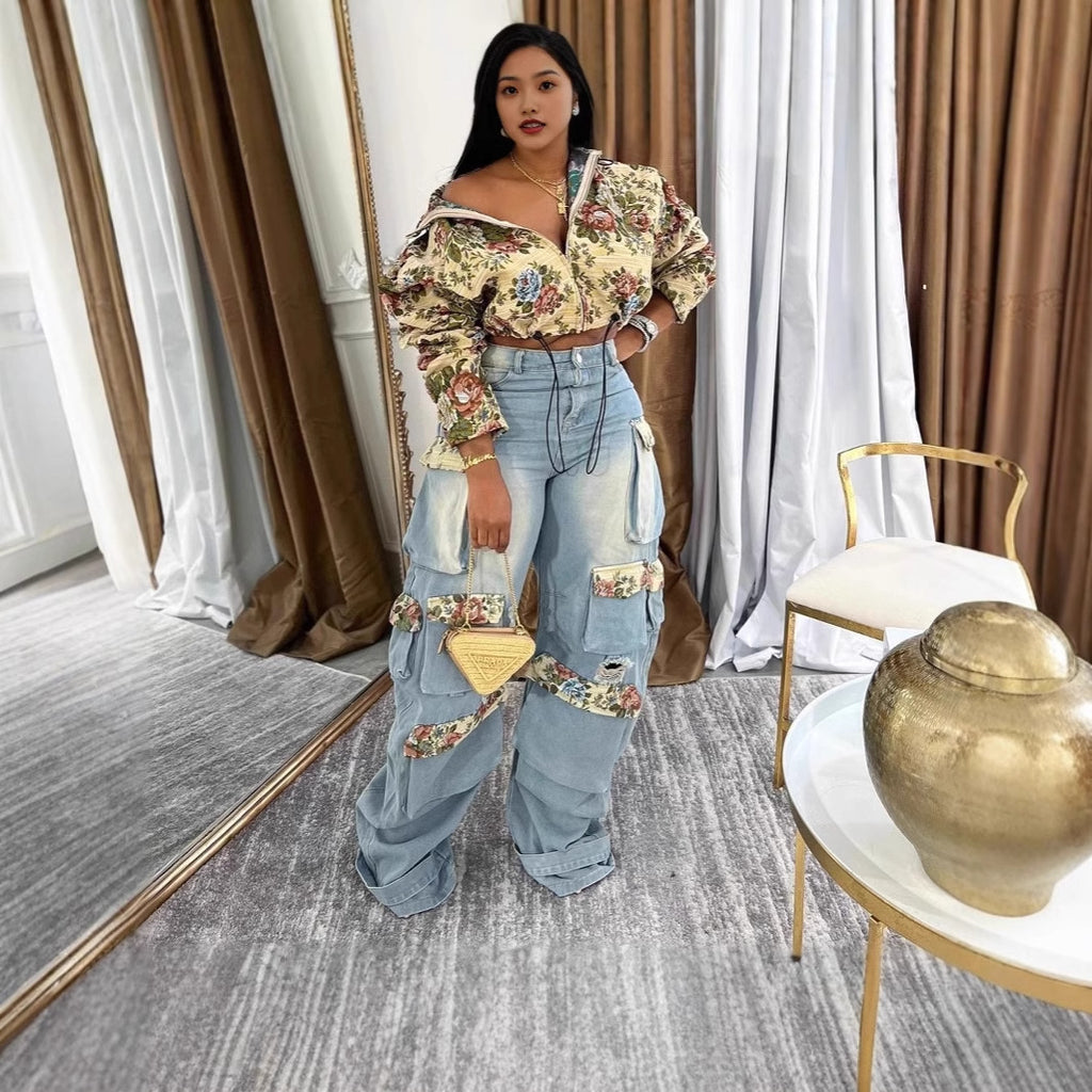 Denim cargo pants set