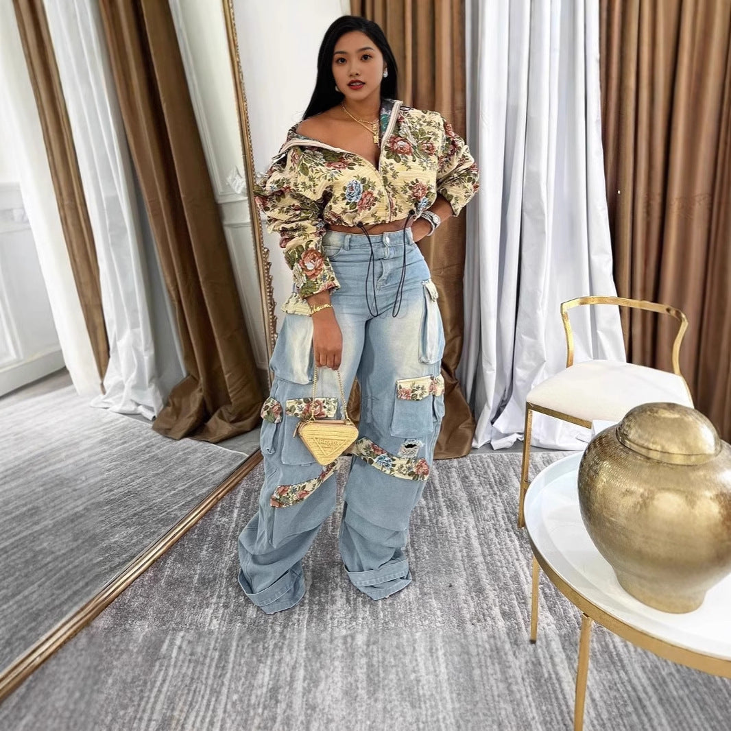 Denim cargo pants set