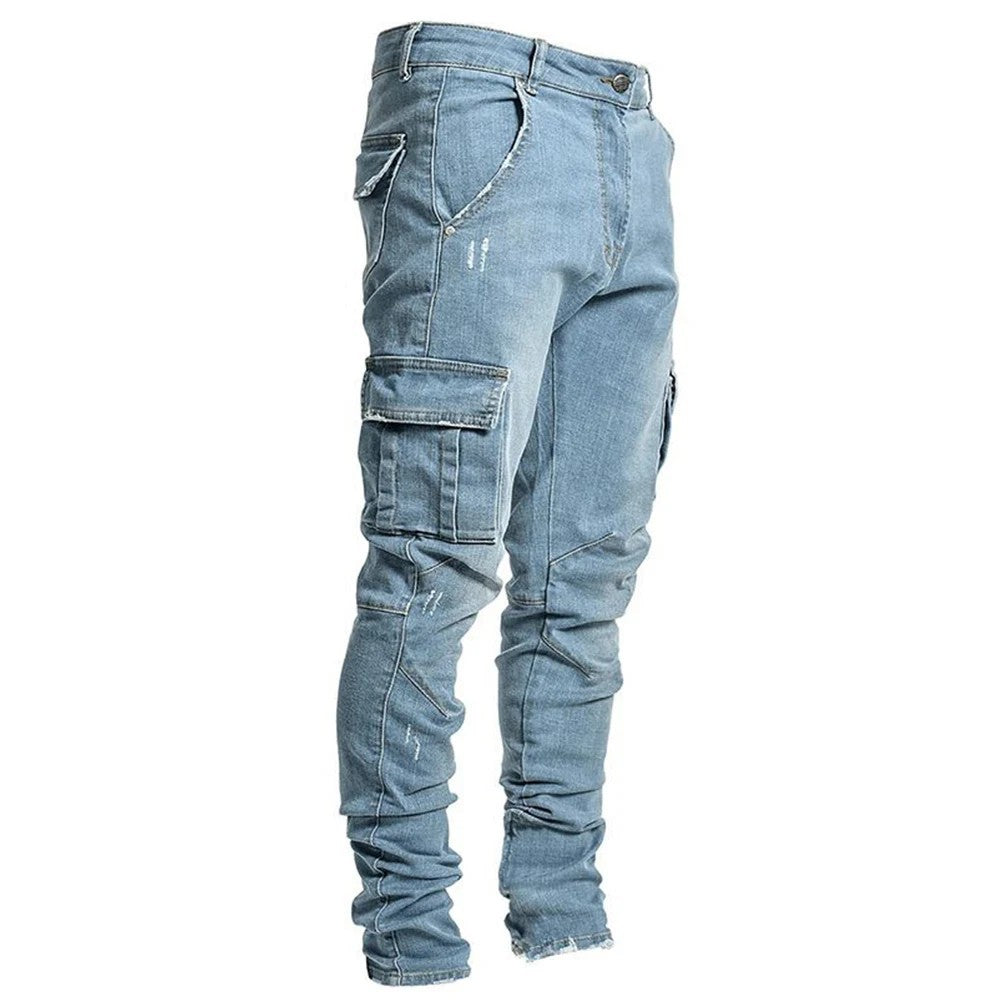 Men's Slim-fit Denim Pants with Multiple Pockets