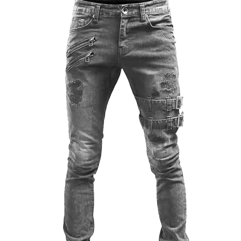 Slim-Fit Frayed Hole Motorcycle jeans