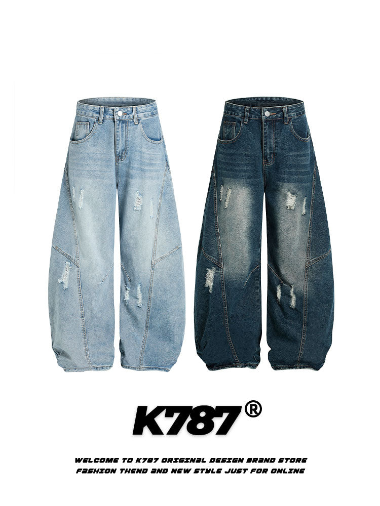 American Retro Ripped Wide-Leg Denim Pants