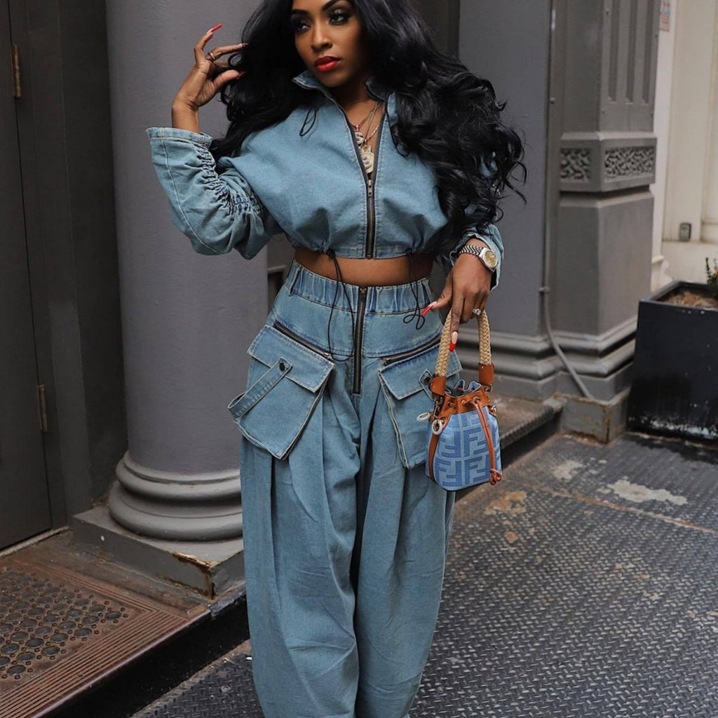 Retro Wide Leg Denim Two-Piece Set