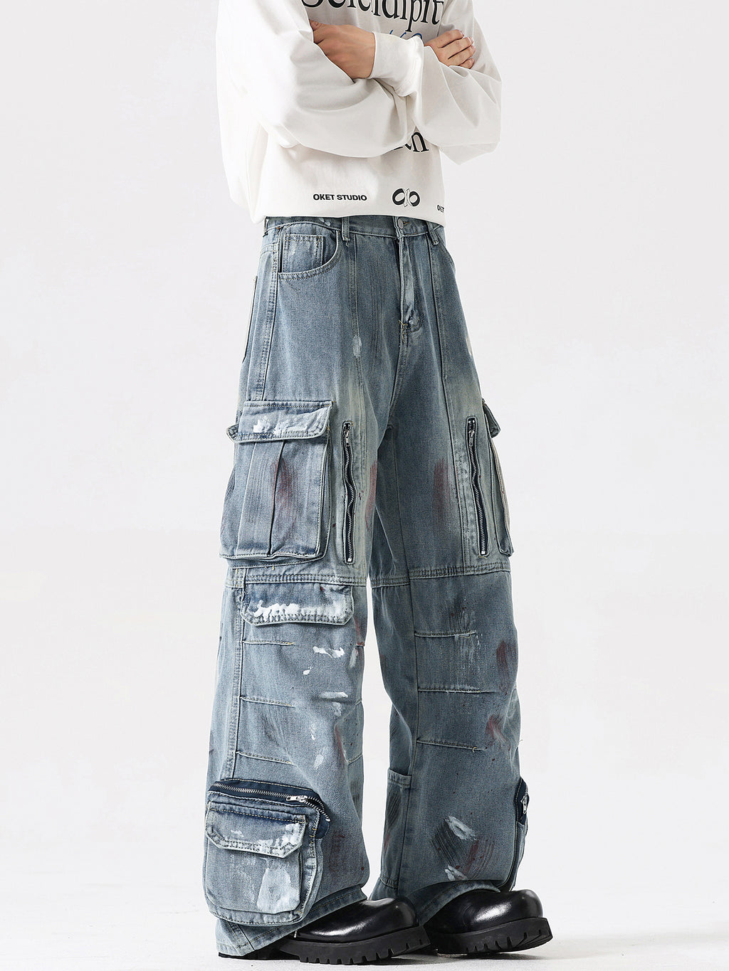 Retro splashed denim pants