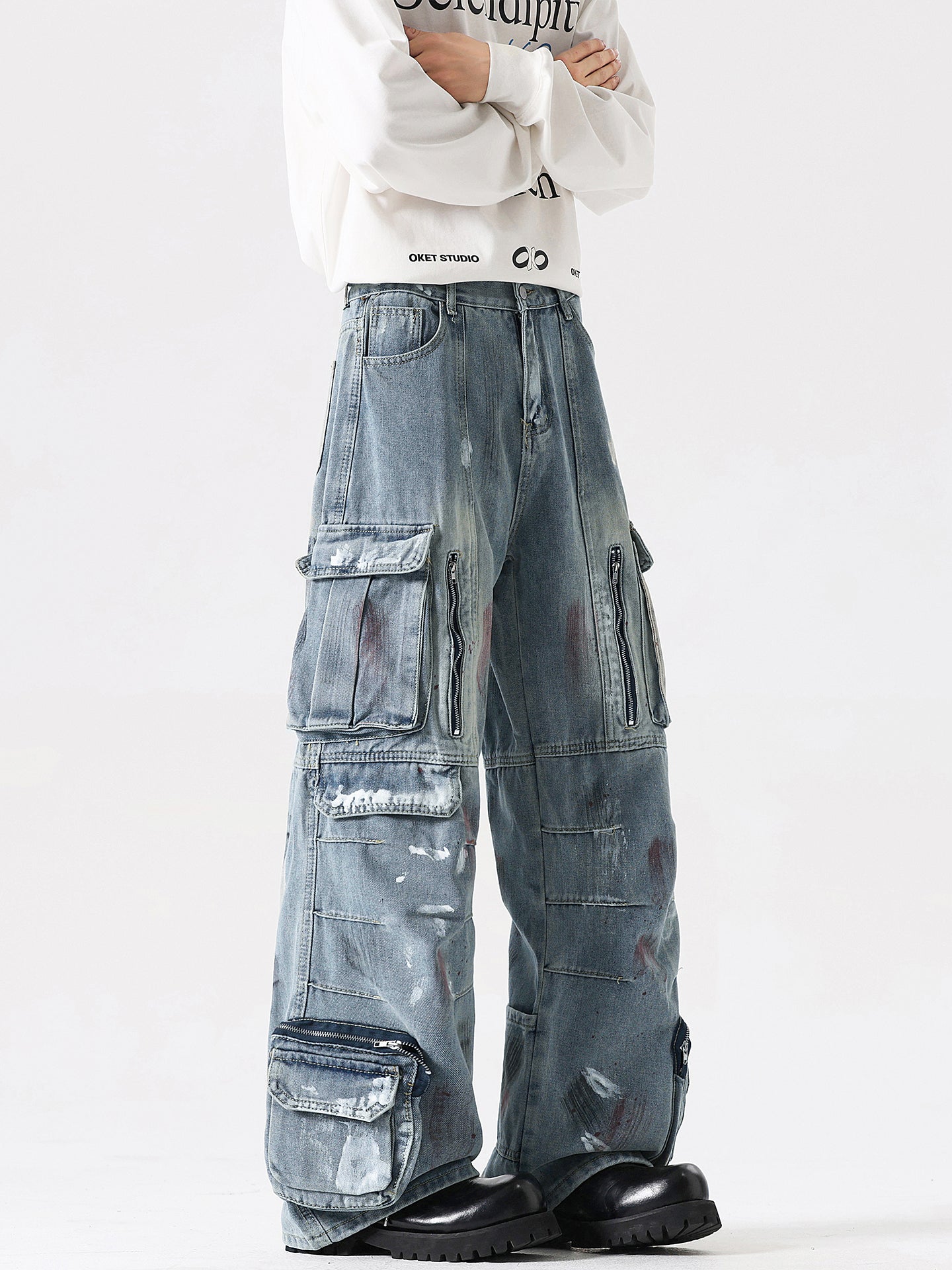 Retro splashed denim pants