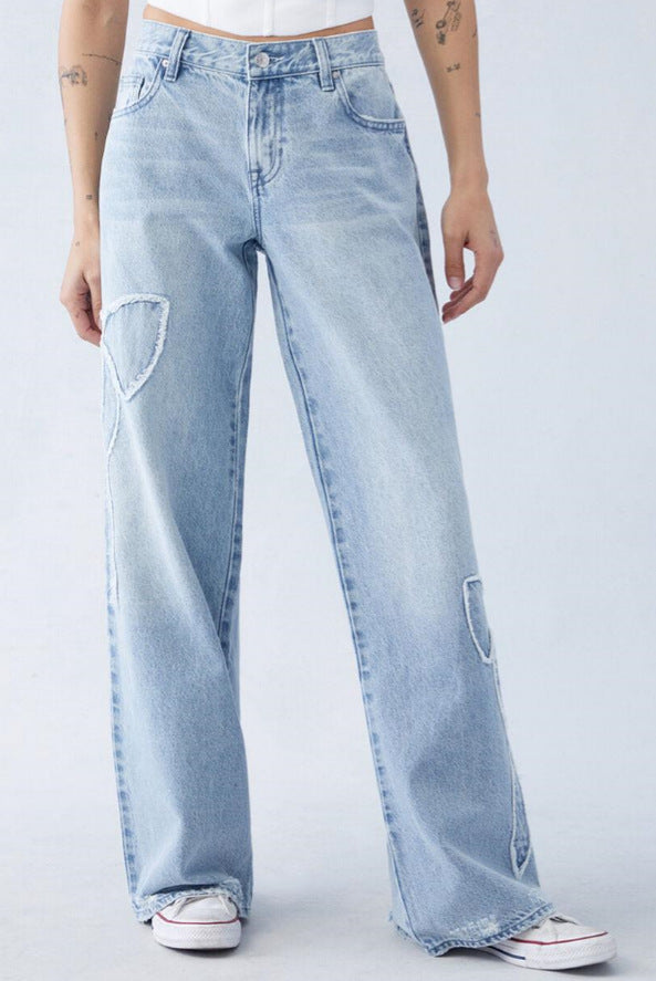 Embroidered High Waist Straight Leg Jeans