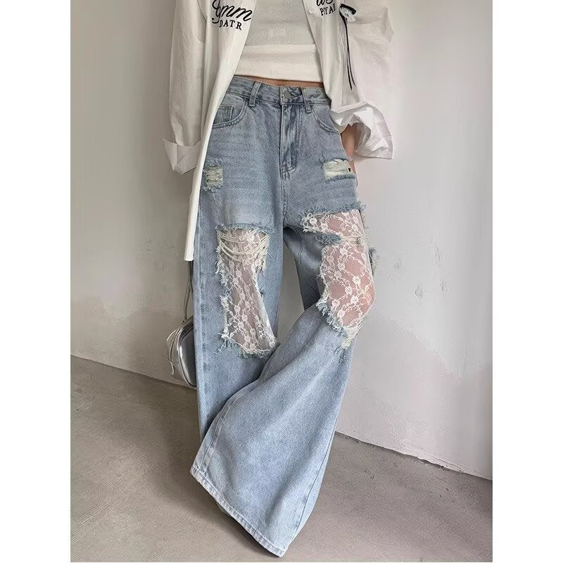 Retro Lace Stitched Wide-leg Women's Jeans