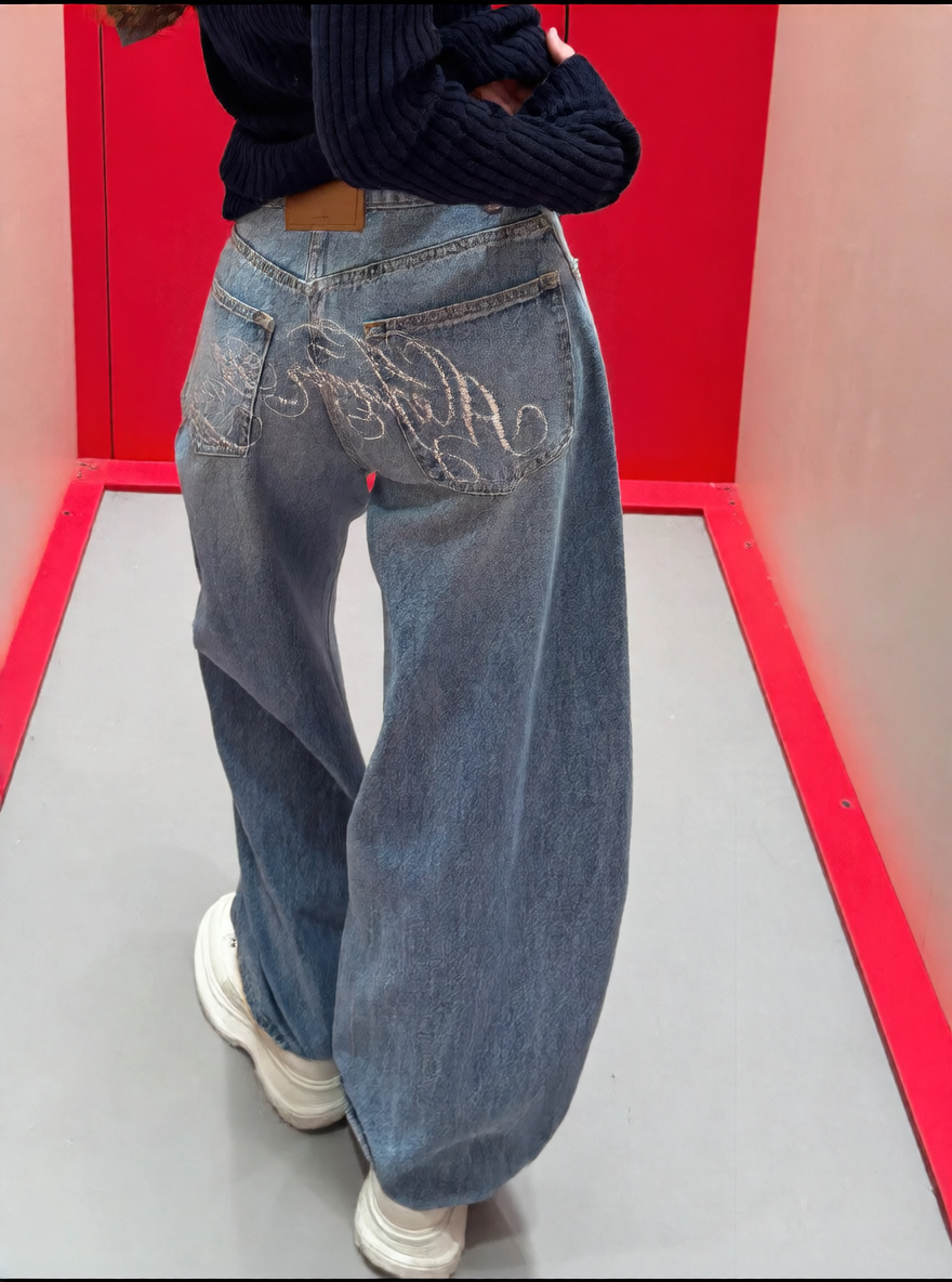 Retro Wide-Leg Distressed Denim Pants