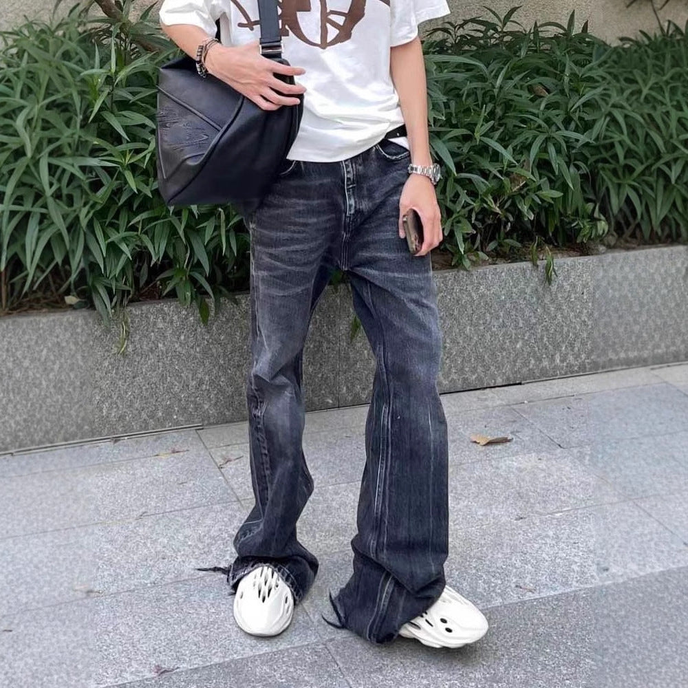 Men's Black Distressed Washed Micro-Flare Jeans