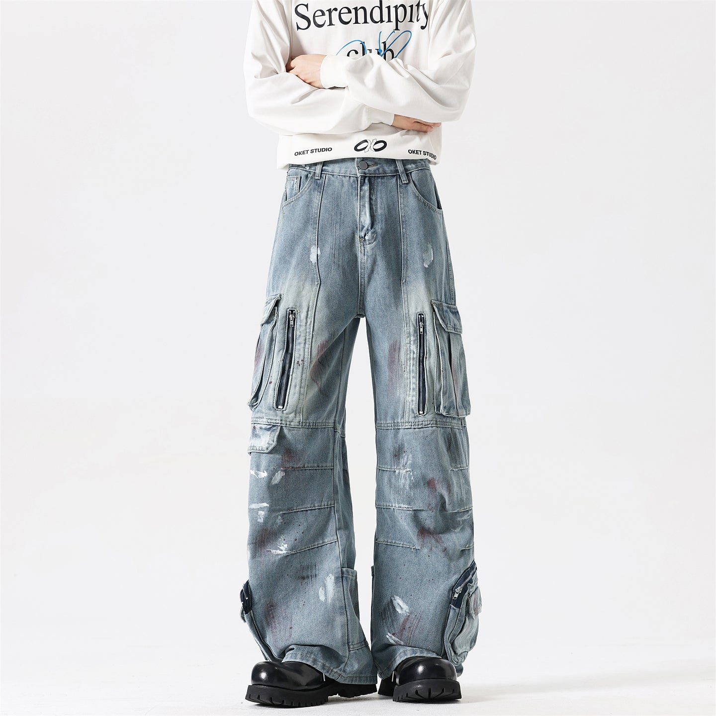 Retro splashed denim pants