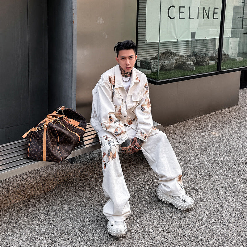 Men's niche design denim jacket pants