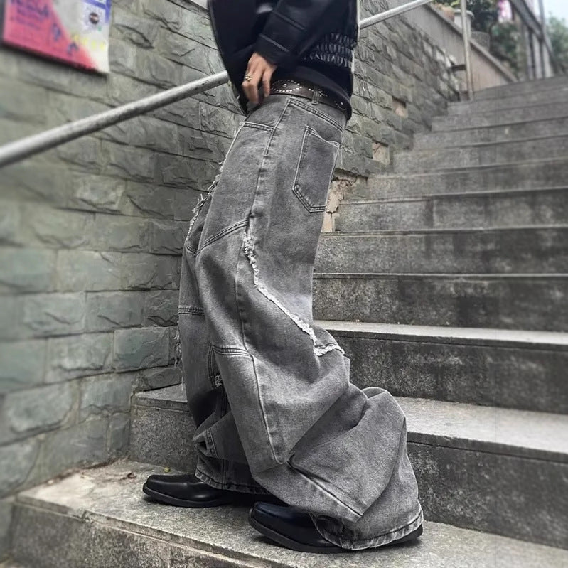 American Retro Washed Distressed Jeans Loose Straight Pants