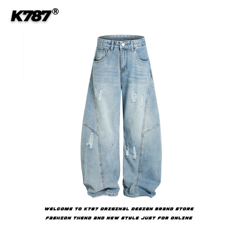 American Retro Ripped Wide-Leg Denim Pants