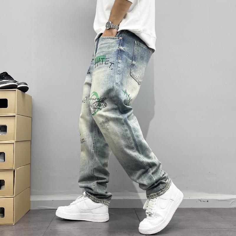 Streetwear style printed straight-leg jeans