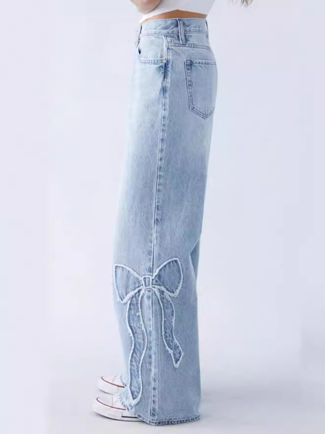 Embroidered High Waist Straight Leg Jeans