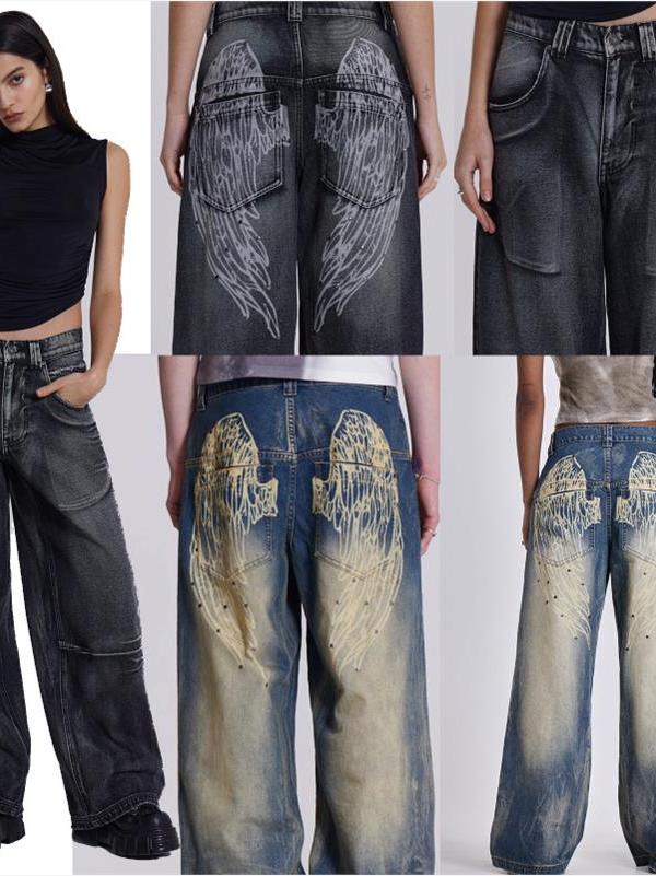 Distressed Wing print Loose wide-leg jeans