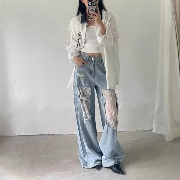 Retro Lace Stitched Wide-leg Women's Jeans