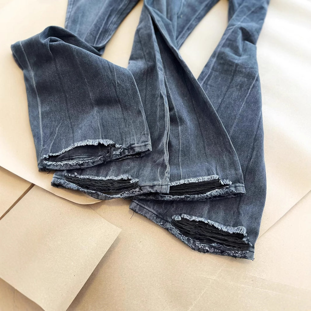 Men's Black Distressed Washed Micro-Flare Jeans