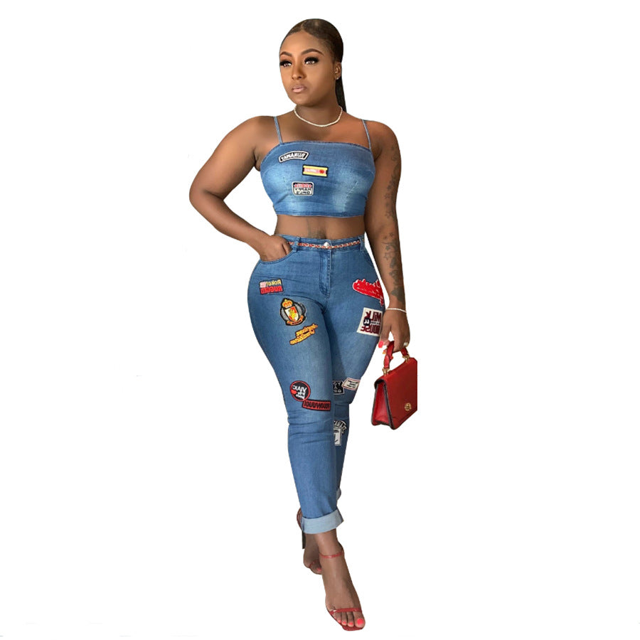 Cartoon patchwork flanged denim set